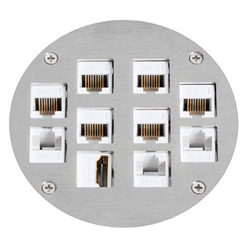 Lew Electric MOI4-SLB-REC-COMM10-SS-AHC-CED Customizable Dual Service, Recessed Round Concrete Box, 10 Communication Openings, Articulated Hinged Cover with Cable Exit Door, Stainless Steel Finish