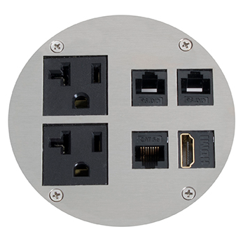 Lew Electric MOI4-SLB-REC-P2-C4-BK-AHC-CED Customizable Dual Service, Recessed Round Concrete Box , (2) single receptacle & (4) communication openings, Black Finish, Articulated Hinged Cover with Cable Exit Door