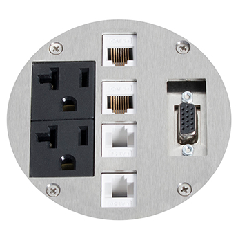 Lew Electric MOI4-SLB-REC-P2-C4-DB15-BR-AHC-CED Customizable Dual Service, Recessed Round Concrete Box , (2) single receptacle & (4) communication openings & (1) DB-15 opening, Brass Finish, Articulated Hinged Cover with Cable Exit Door