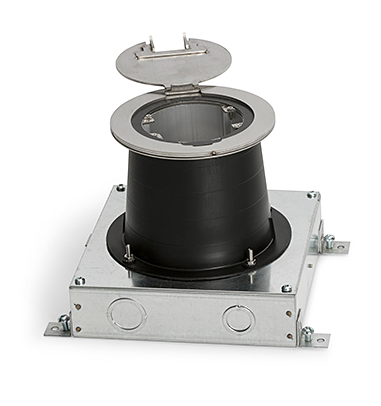 Lew Electric MOI4-SLB-REC-PWR2-COMM5-BK-AHC-CED Customizable Dual Service, Recessed Round Concrete Box, 2 Single Receptacle & 5 Communication Openings, Articulated Hinged Cover with Cable Exit Door, Black Finish