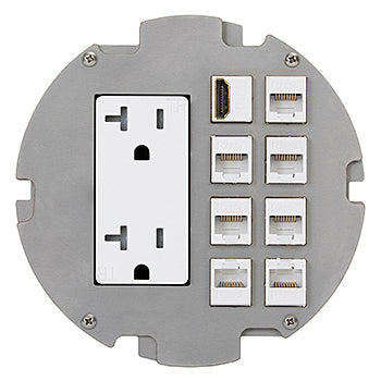 Lew Electric MOI6-REC-DP-C8-SS-AHC-CED Customizable, Recessed UL 2-Hour Fire Rated Six Inch Poke-Through Floor Box, USB receptacle & (8) communication openings, Stainless Steel Articulated Hinge Cover With Cable Exit Door