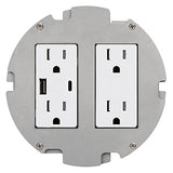 Lew Electric MOI6-REC-DP-DPUSB(AC)-BR-AHC-CED Customizable, Recessed UL 2-Hour Fire Rated Six Inch Poke-Through Floor Box, (1) Decora receptacle & (1) 2USB (AC) receptacle, Brass Articulated Hinge Cover With Cable Exit Door