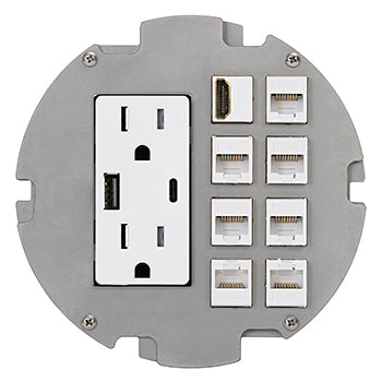 Lew Electric MOI6-REC-DP-USB(AC)-C8-BK-AHC-CED Customizable, Recessed UL 2-Hour Fire Rated Six Inch Poke-Through Floor Box, (1) 2USB (AC) receptacle & (8) communication openings, Black Articulated Hinge Cover With Cable Exit Door