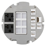 Lew Electric MOI6-REC-P2-AV-C6-SS-AHC-CED Customizable, Recessed UL 2-Hour Fire Rated Six Inch Poke-Through Floor Box, (2) Power & (1) 6-port AV & (6) communication openings, Stainless Steel Articulated Hinge Cover With Cable Exit Door