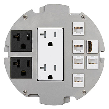 Lew Electric MOI6-REC-P2-DP-C6-BR-AHC-CED Customizable, Recessed UL 2-Hour Fire Rated Six Inch Poke-Through Floor Box, (2) Power & (1) Decora receptacle & (6) communication openings, Brass Articulated Hinge Cover With Cable Exit Door