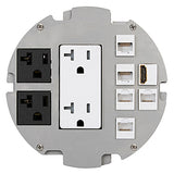 Lew Electric MOI6-REC-P2-DP-C6-BR-AHC-CED Customizable, Recessed UL 2-Hour Fire Rated Six Inch Poke-Through Floor Box, (2) Power & (1) Decora receptacle & (6) communication openings, Brass Articulated Hinge Cover With Cable Exit Door