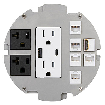 Lew Electric MOI6-REC-P2-DPUSB(AC)-C6-BK-AHC-CED Customizable, Recessed UL 2-Hour Fire Rated Six Inch Poke-Through Floor Box, (2) Power & 2USB (AC) receptacle & (6) communication openings, Black Articulated Hinge Cover With Cable Exit Door