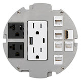 Lew Electric MOI6-REC-P2-DPUSB(AC)-C6-BR-AHC-CED Customizable, Recessed UL 2-Hour Fire Rated Six Inch Poke-Through Floor Box, (2) Power & 2USB (AC) receptacle & (6) communication openings, Brass Articulated Hinge Cover With Cable Exit Door