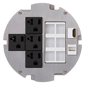 Lew Electric MOI6-REC-P4-AV-C2-SS-AHC-CED Customizable, Recessed UL 2-Hour Fire Rated Six Inch Poke-Through Floor Box, (4) Power & (1) 6-port AV & (2) communication openings, Stainless Steel Articulated Hinge Cover With Cable Exit Door
