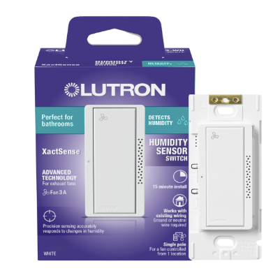 Lutron MS-HS3G-WH Humidity Sensor Switch, Bathroom Exhaust Fan, Automatic Moisture Control, 3-Amp Single-Pole Fan Switch, White