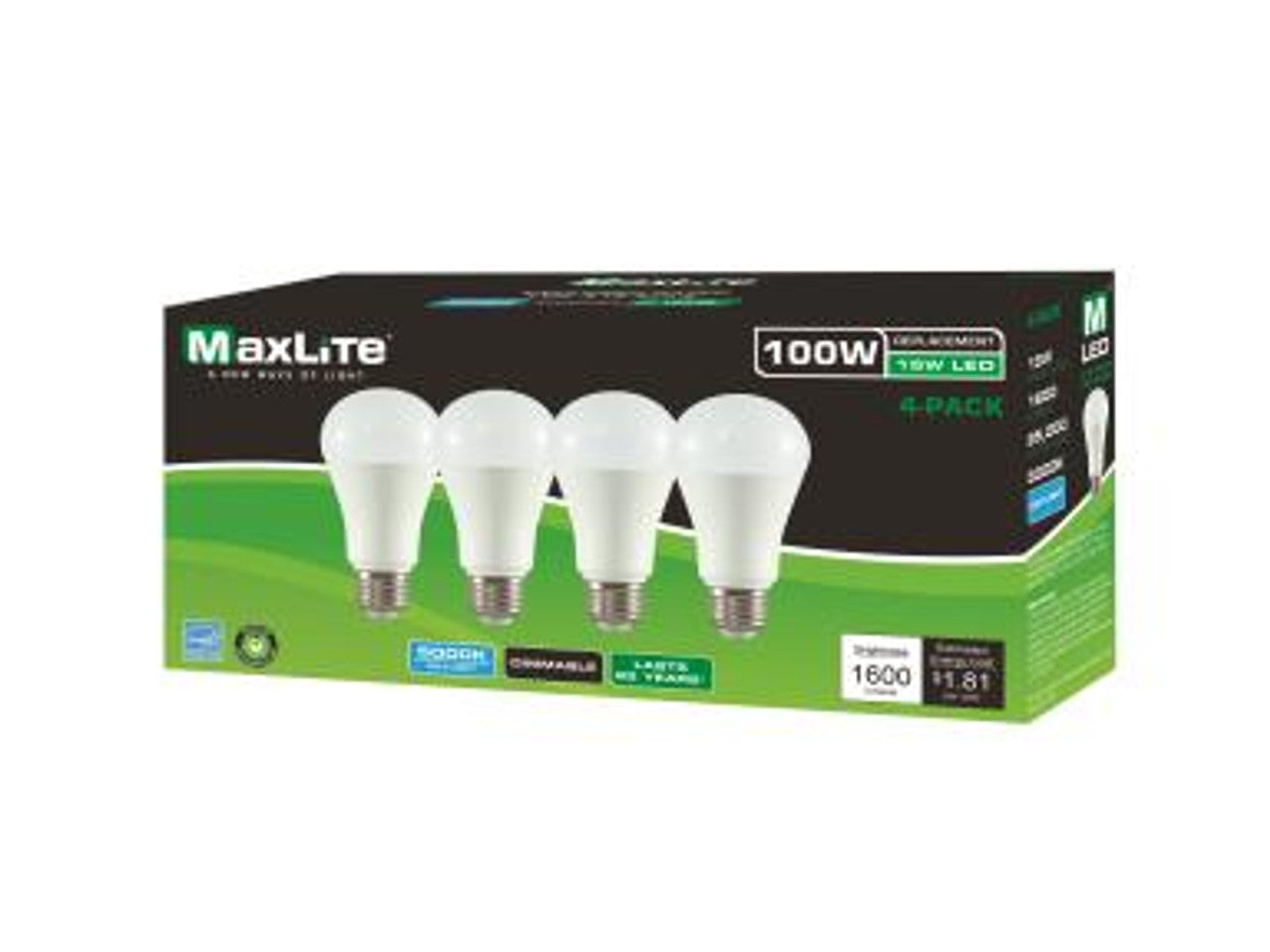 MaxLite E15A19D27/4P/WS1 Enclosed A19 LED Bulb, Dim, Color Temperature 2700K, Wattage 15W- 4 Pack