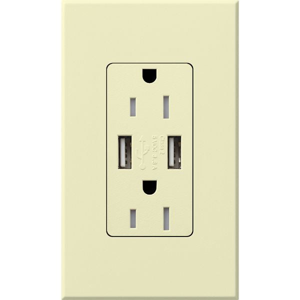 Lutron NTR-15-UBTR-AL Nova T 15A 125V Tamper Resistant Dual USB Receptacle, Almond Finish