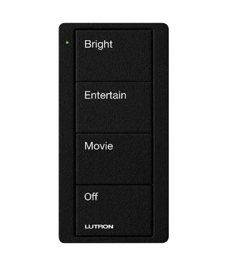 Lutron PJ2-4B-TMN-P01 4-Button Pico Smart Remote - Scene Keypad - Family Room Text Engraving - Midnight Finish