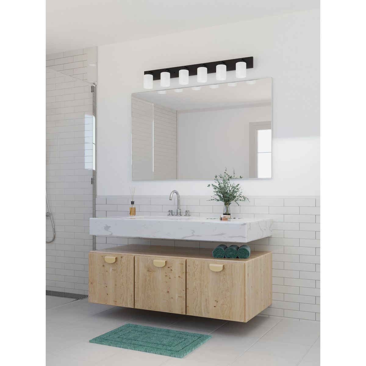 Progress Lighting P300421-031 Merry 6 Light Matte Black Bath Vanity Wall Light in bathroom setting