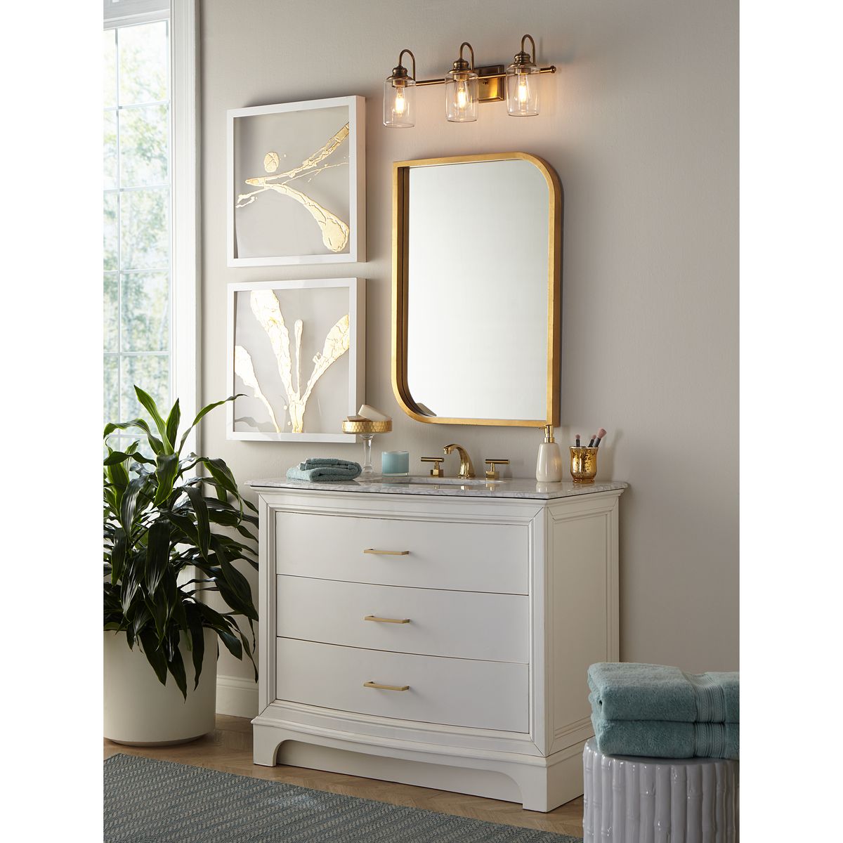 Progress Lighting Aiken 3 light vintage brass bath vanity wall light in bathroom