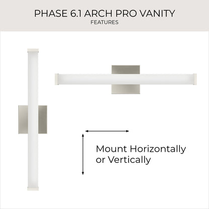 Progress Lighting P300550-009-CS Phase 6.1 Arch Pro Vanity features infographic showing horizontal and vertical mounting options