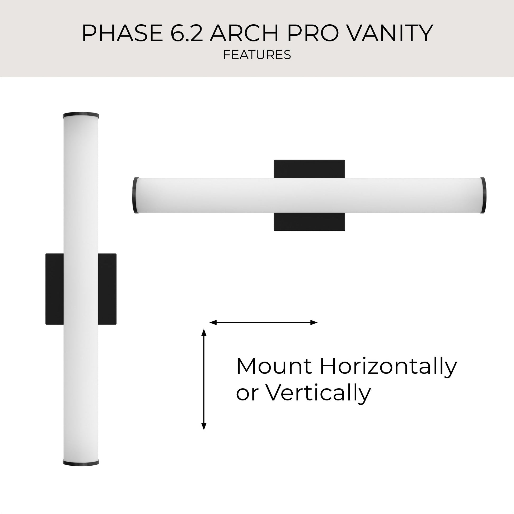 Progress Lighting P300553-031-CS Phase 6.2 LED Black Linear Vanity Light - Horizontal and Vertical Mounting Feature Infographic
