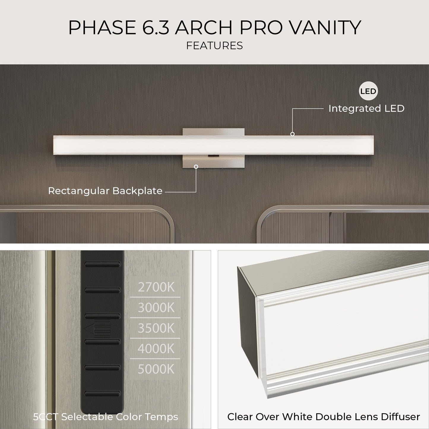 Progress Lighting P300556-009-CS Phase 6.3 LED Linear Vanity Light - Features: Integrated LED, 5CCT Selectable, Clear Over White Double Lens Diffuser
