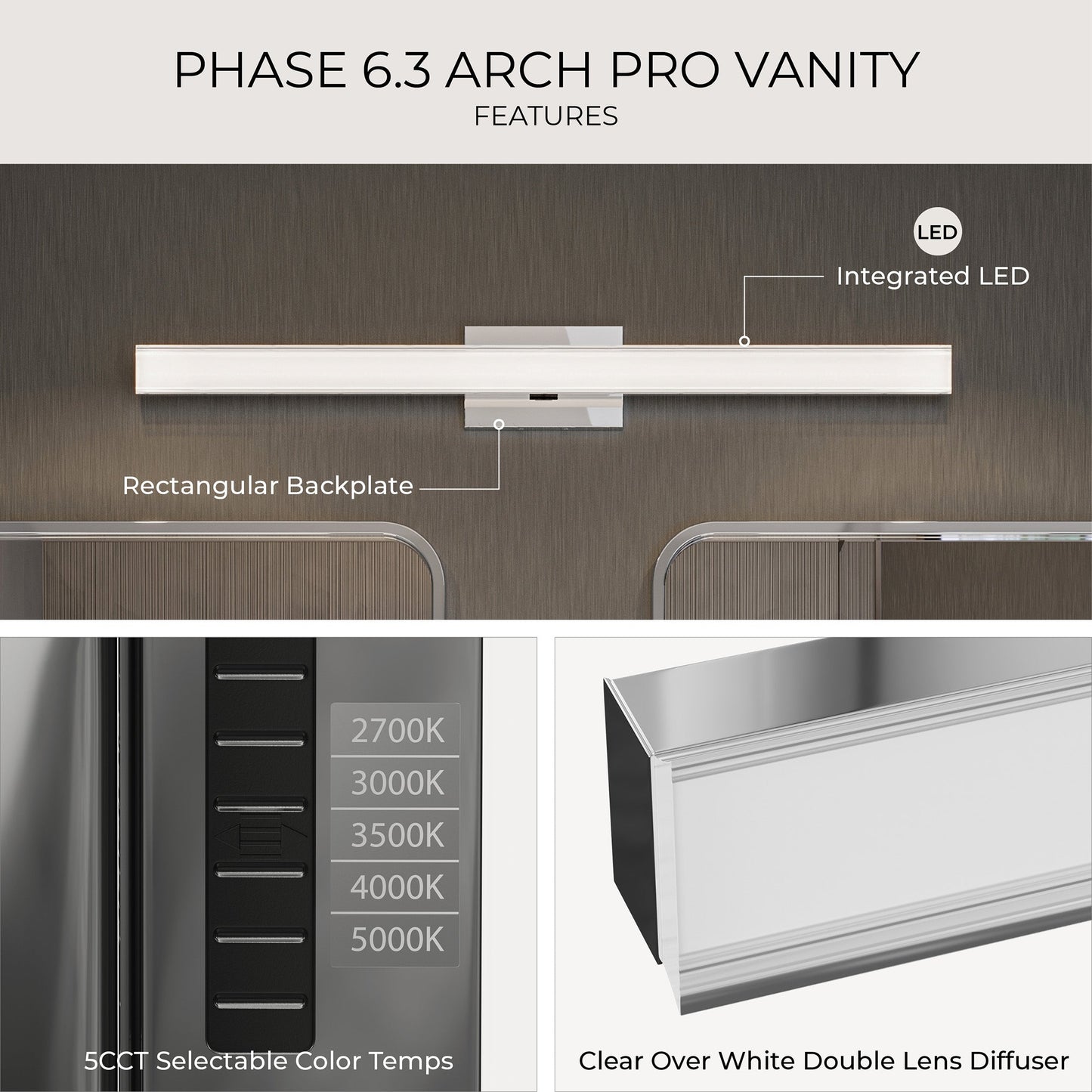 Progress Lighting P300556-015-CS Phase 6.3 LED 24 Inch Polished Chrome Bath Vanity Wall Light - Features Infographic