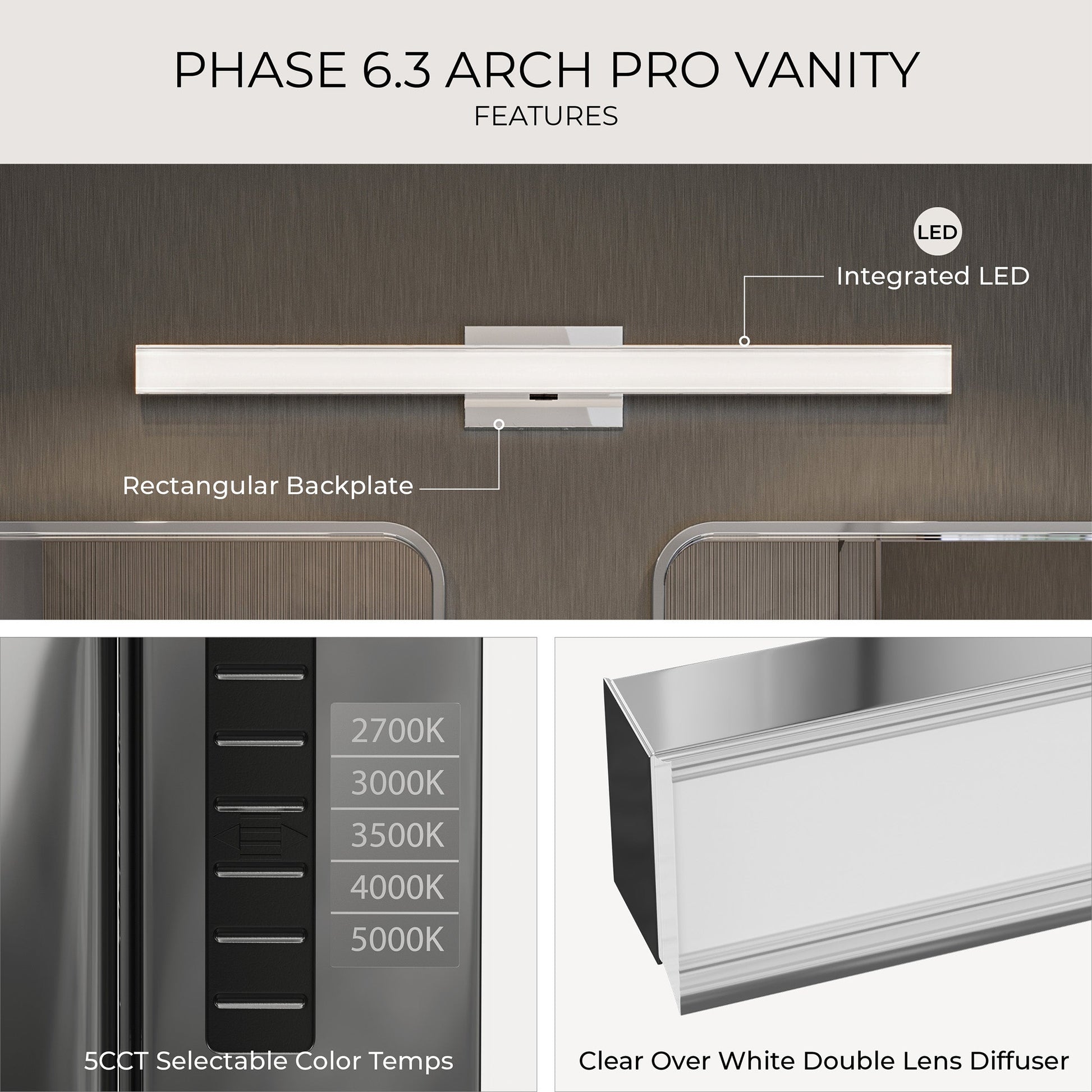Progress Lighting P300556-015-CS Phase 6.3 LED 24 Inch Polished Chrome Bath Vanity Wall Light - Features Infographic