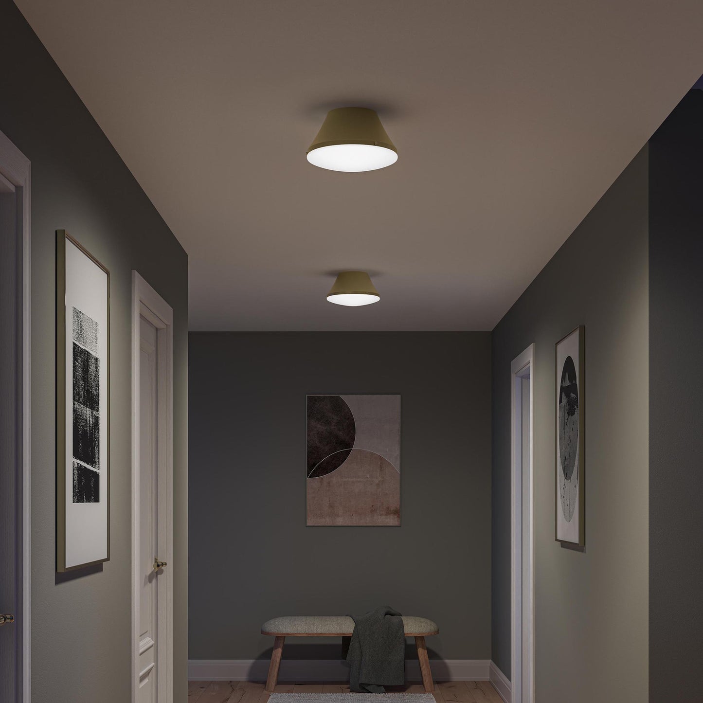 Progress Lighting P350305-191 Avra Brushed Gold Flush Mount - Hallway Nighttime Lifestyle