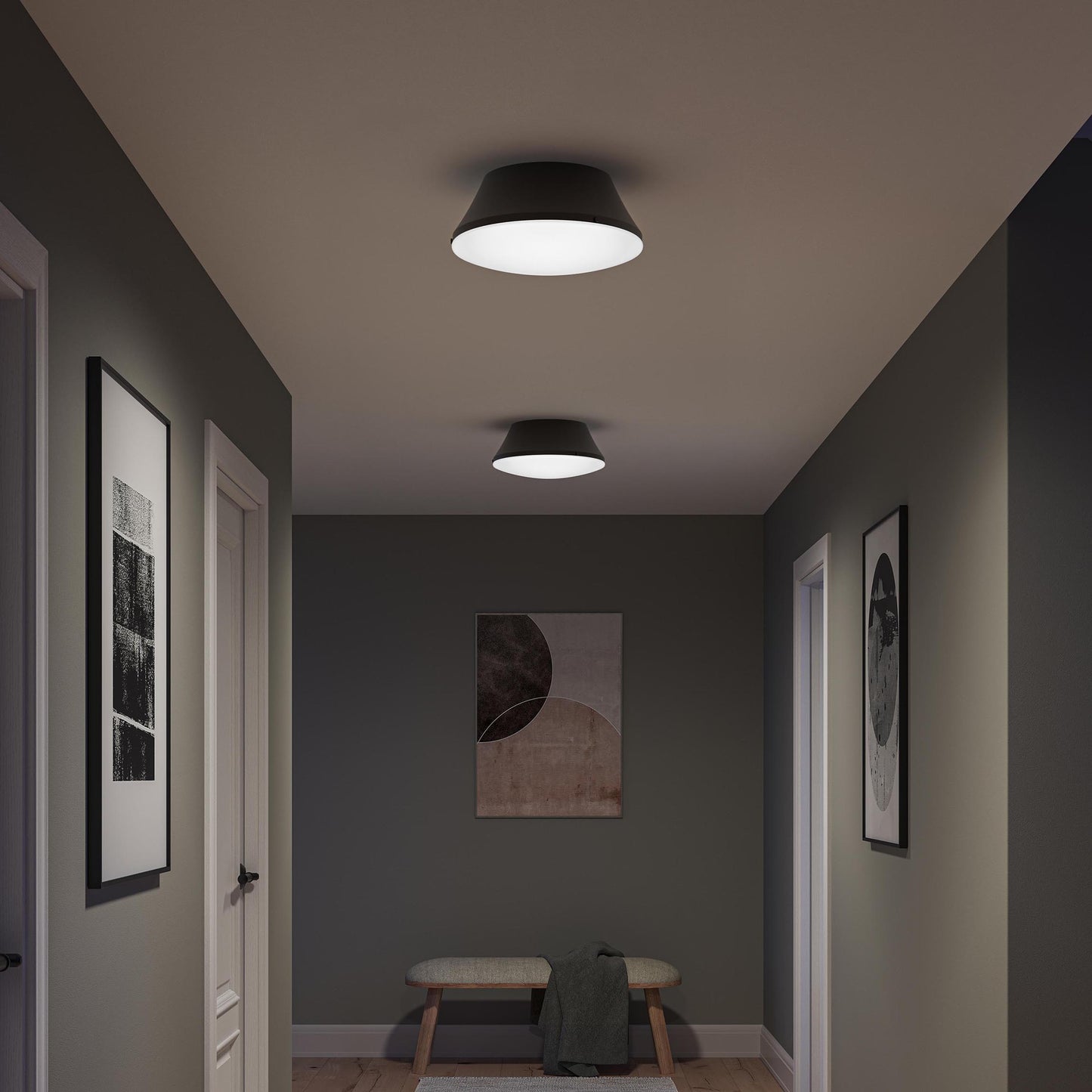 Progress Lighting P350306-31M Avra Flush Mount Installed in Hallway - Nighttime View