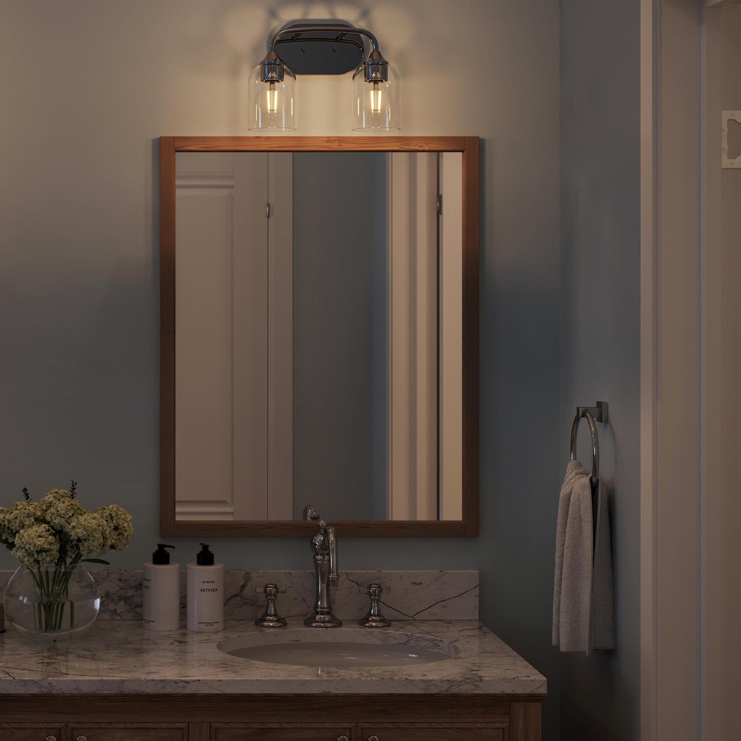 Progress Lighting P300572-015 Ilia 2 Light Polished Chrome Bath Vanity Wall Light - Bathroom Lifestyle Night