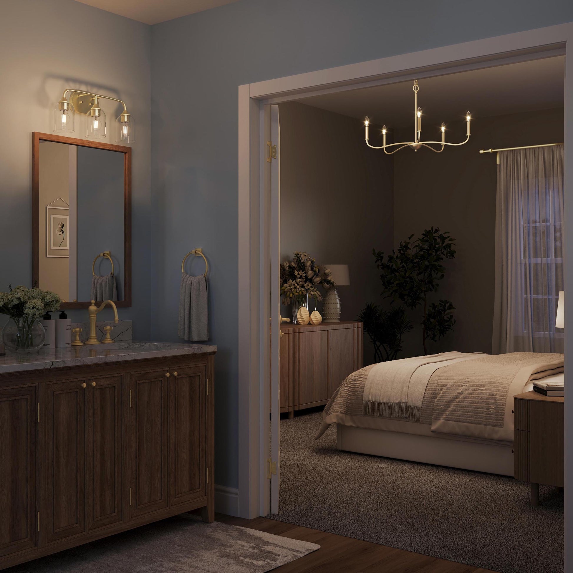 Progress Lighting Ilia P400462-191 Brushed Gold Chandelier shown in a bedroom lifestyle setting