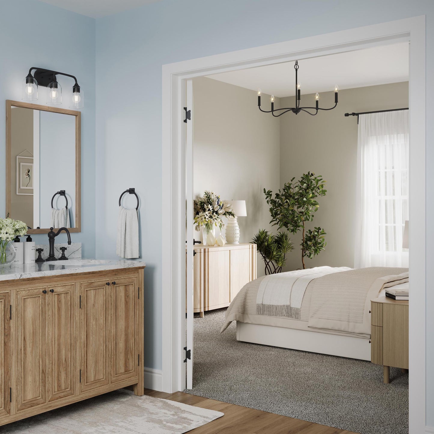 Progress Lighting P400462-31M Ilia Matte Black Chandelier daytime lifestyle in bedroom and bathroom setting