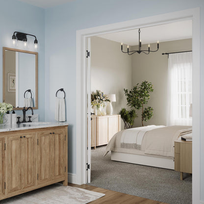 Progress Lighting P400462-31M Ilia Matte Black Chandelier daytime lifestyle in bedroom and bathroom setting