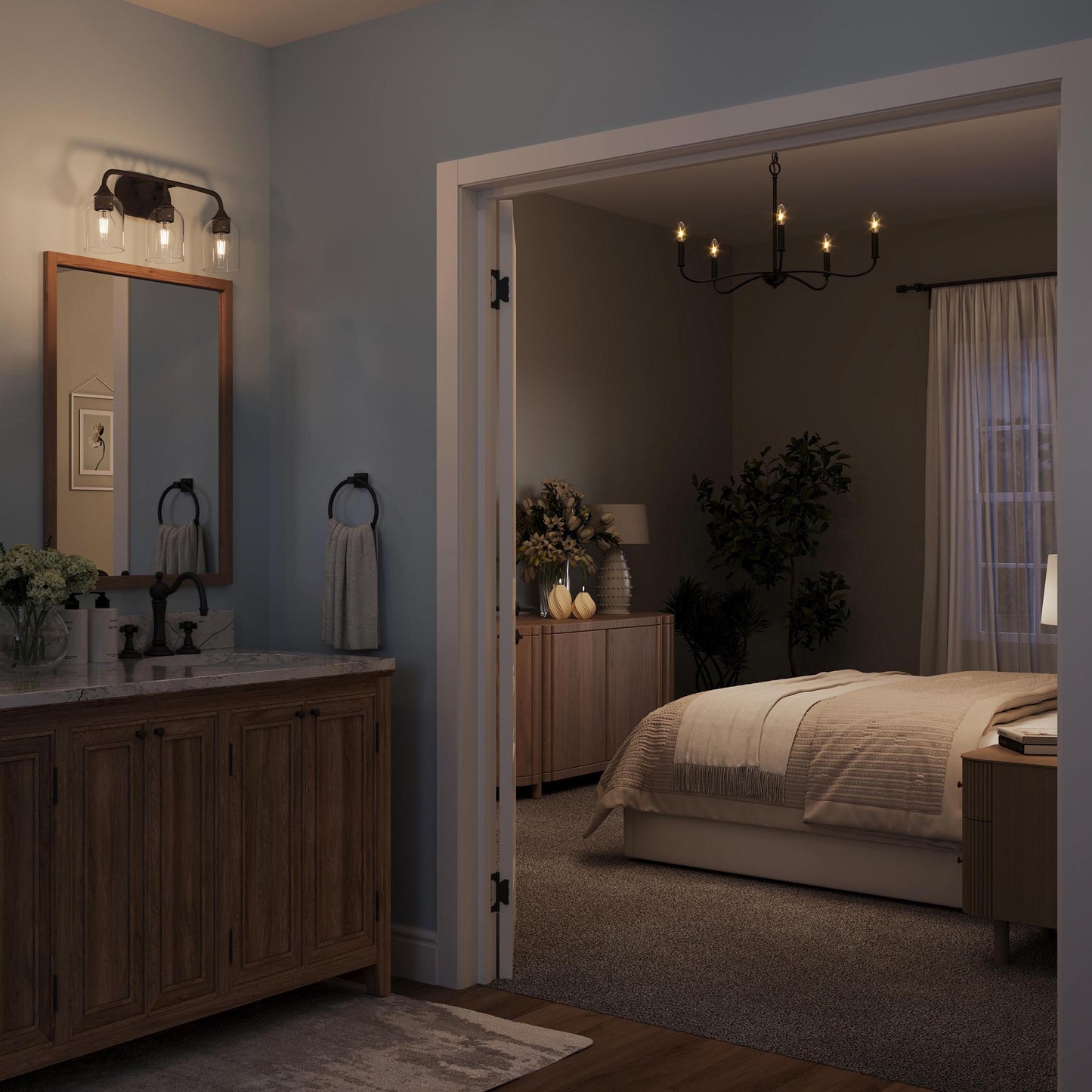 Progress Lighting P400462-31M Ilia Matte Black Chandelier nighttime lifestyle in bedroom and bathroom setting