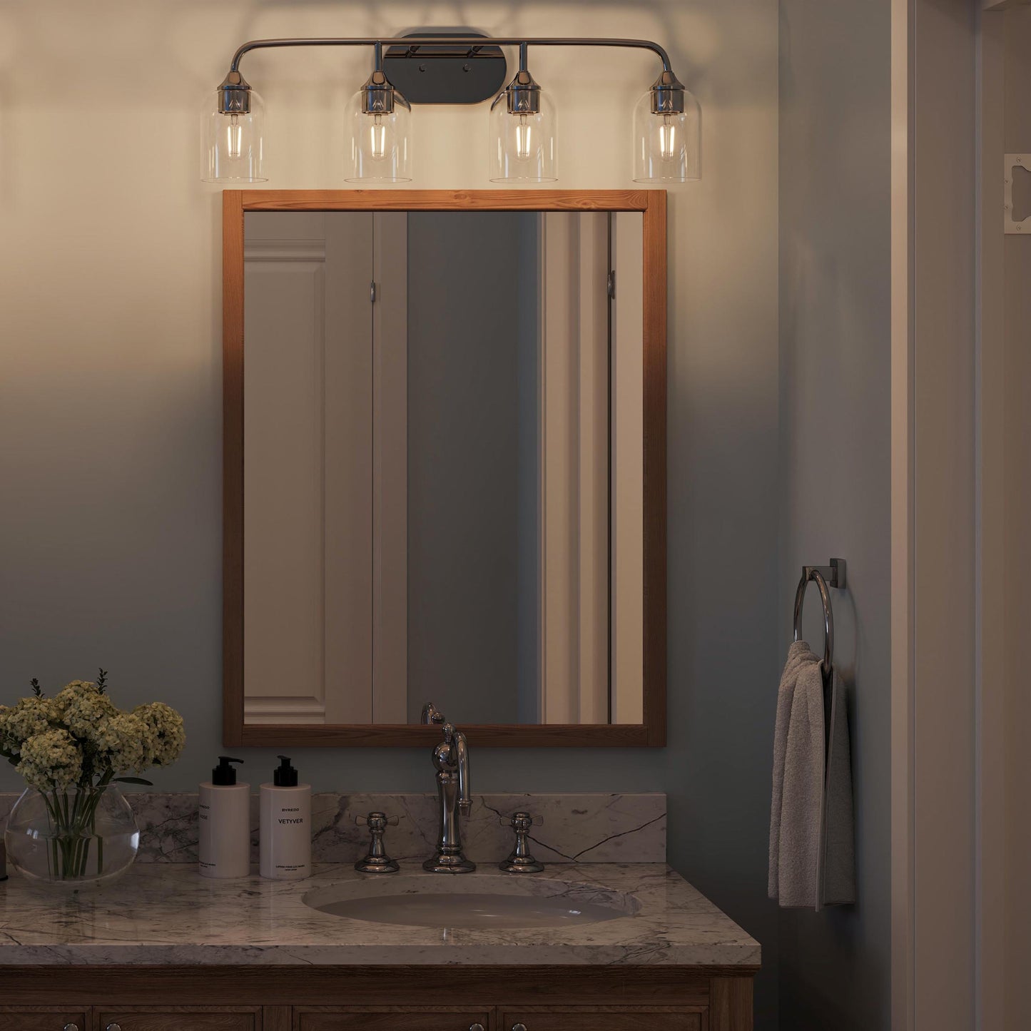 Progress Lighting P300574-015 Ilia 4-Light Polished Chrome Bath Vanity Wall Light - Bathroom Night Lifestyle