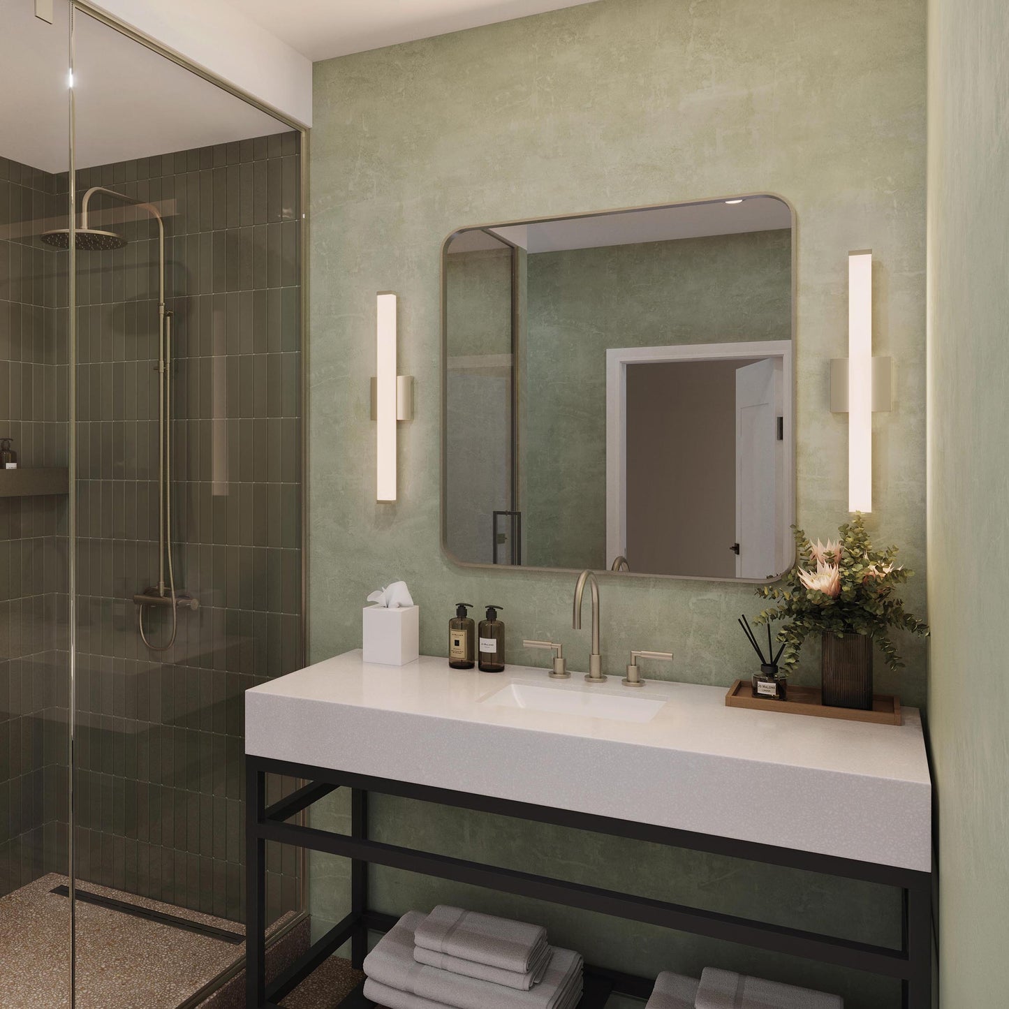 Progress Lighting P300550-009-CS Phase 6.1 LED Linear Vanity Light in Brushed Nickel installed in modern bathroom - night scene