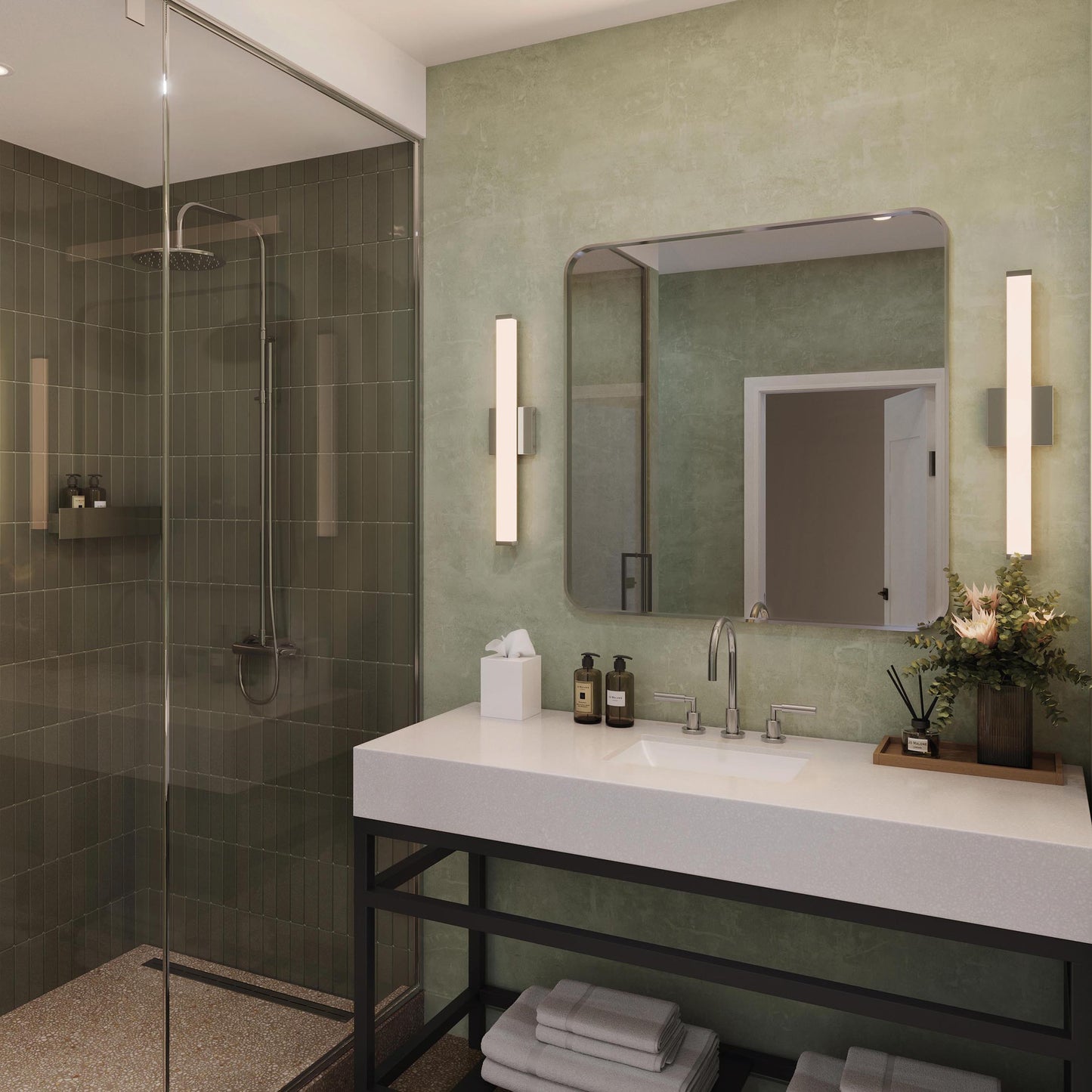 Progress Lighting P300550-015-CS Phase 6.1 LED Linear Bath Vanity Wall Light - Nighttime Bathroom Lifestyle