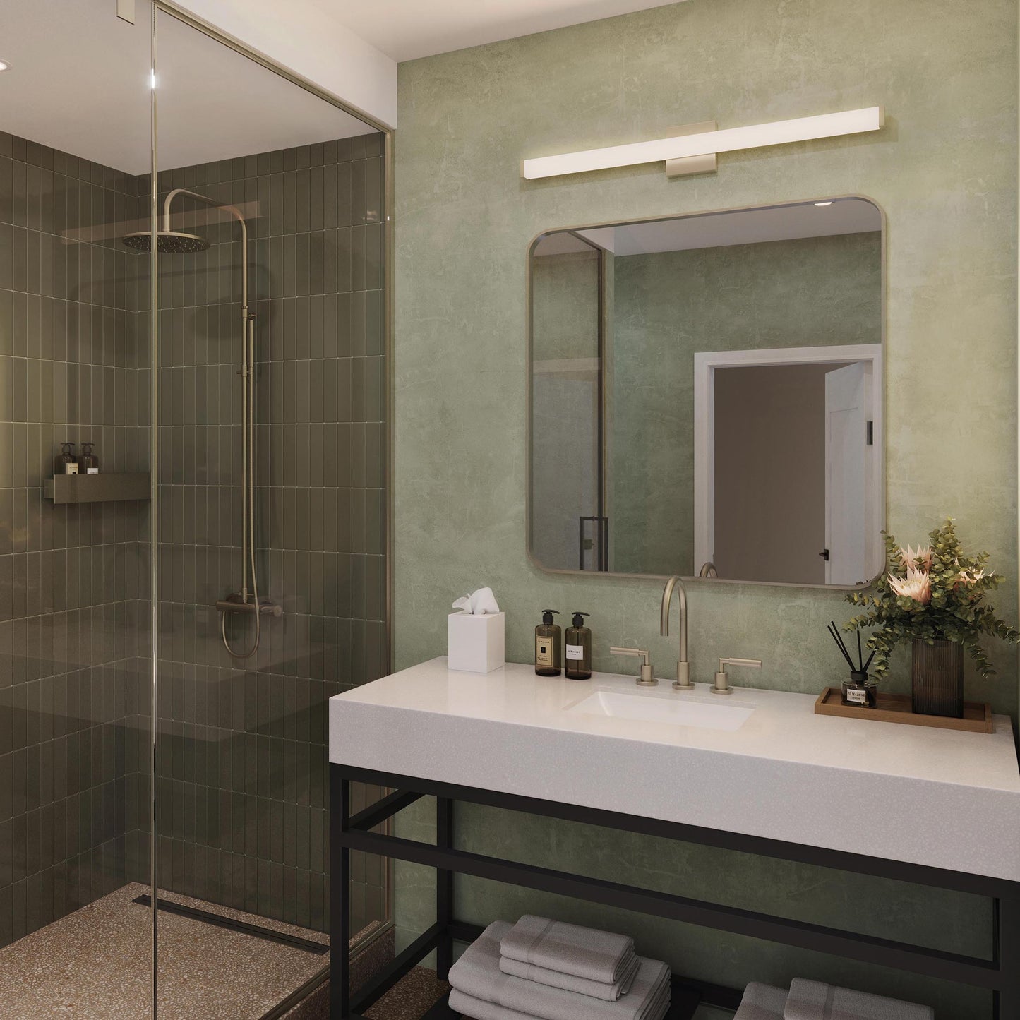 Progress Lighting P300551-009-CS Phase 6.1 LED 36 Inch Brushed Nickel Bath Vanity Wall Light - Lifestyle Bathroom Night Scene