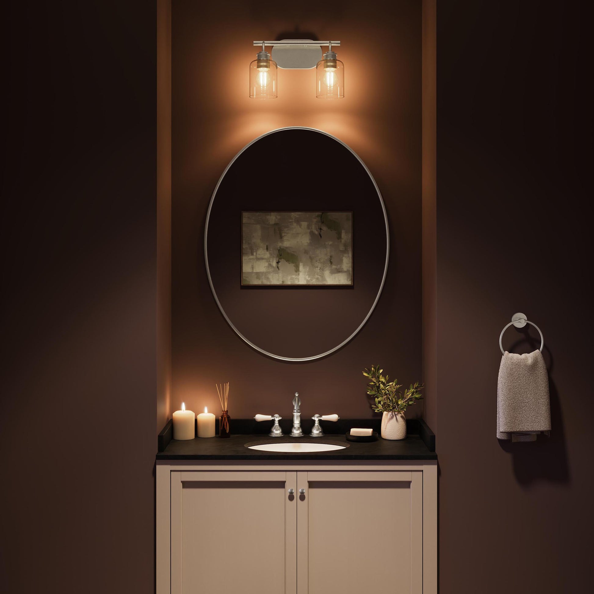 Progress Lighting P300566-009 Reines Bath Vanity Light in Brushed Nickel - Nighttime Bathroom Lifestyle