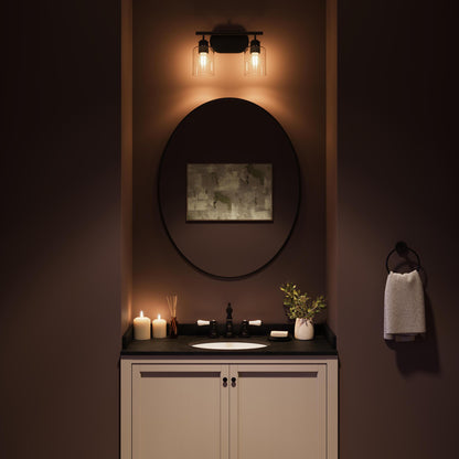 Progress Lighting P300566-31M Reines 2 Light Matte Black Bath Vanity Wall Light - Night Lifestyle in Bathroom