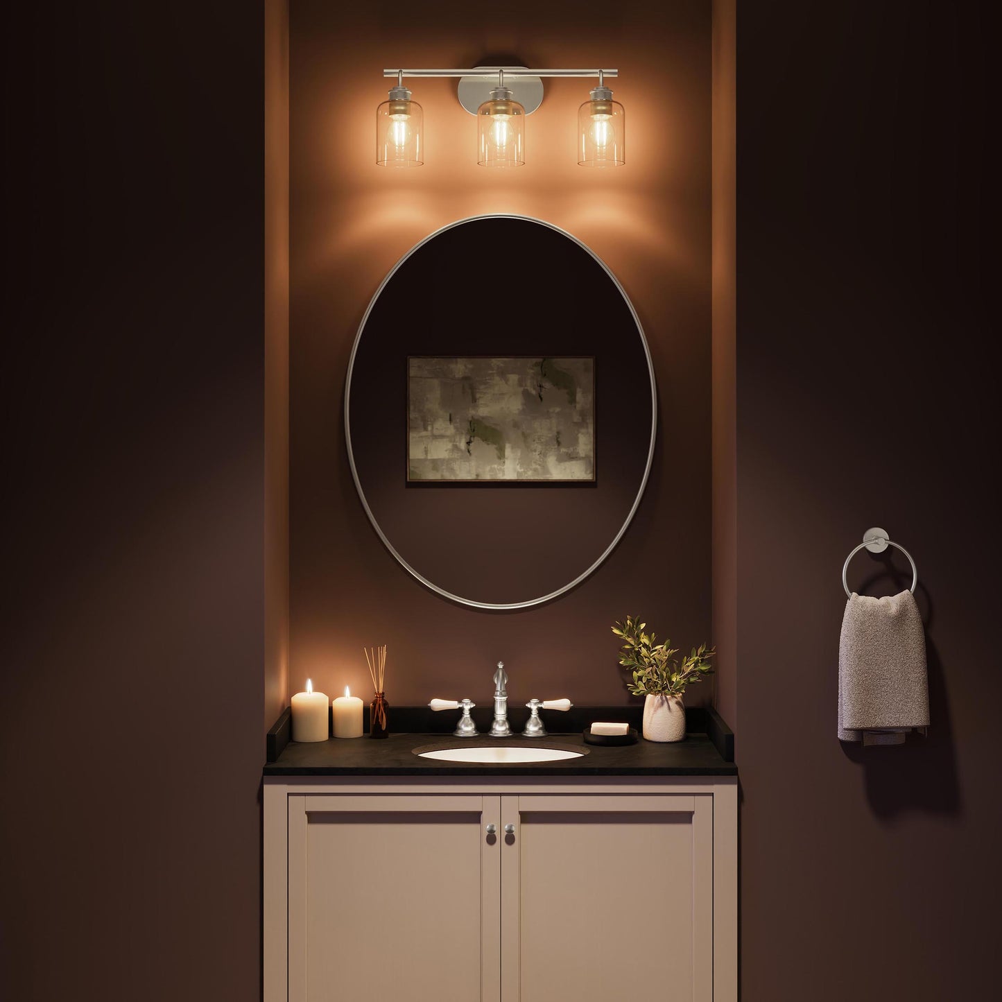 Progress Lighting P300567-009 Reines Bath Vanity Light installed above bathroom mirror - nighttime