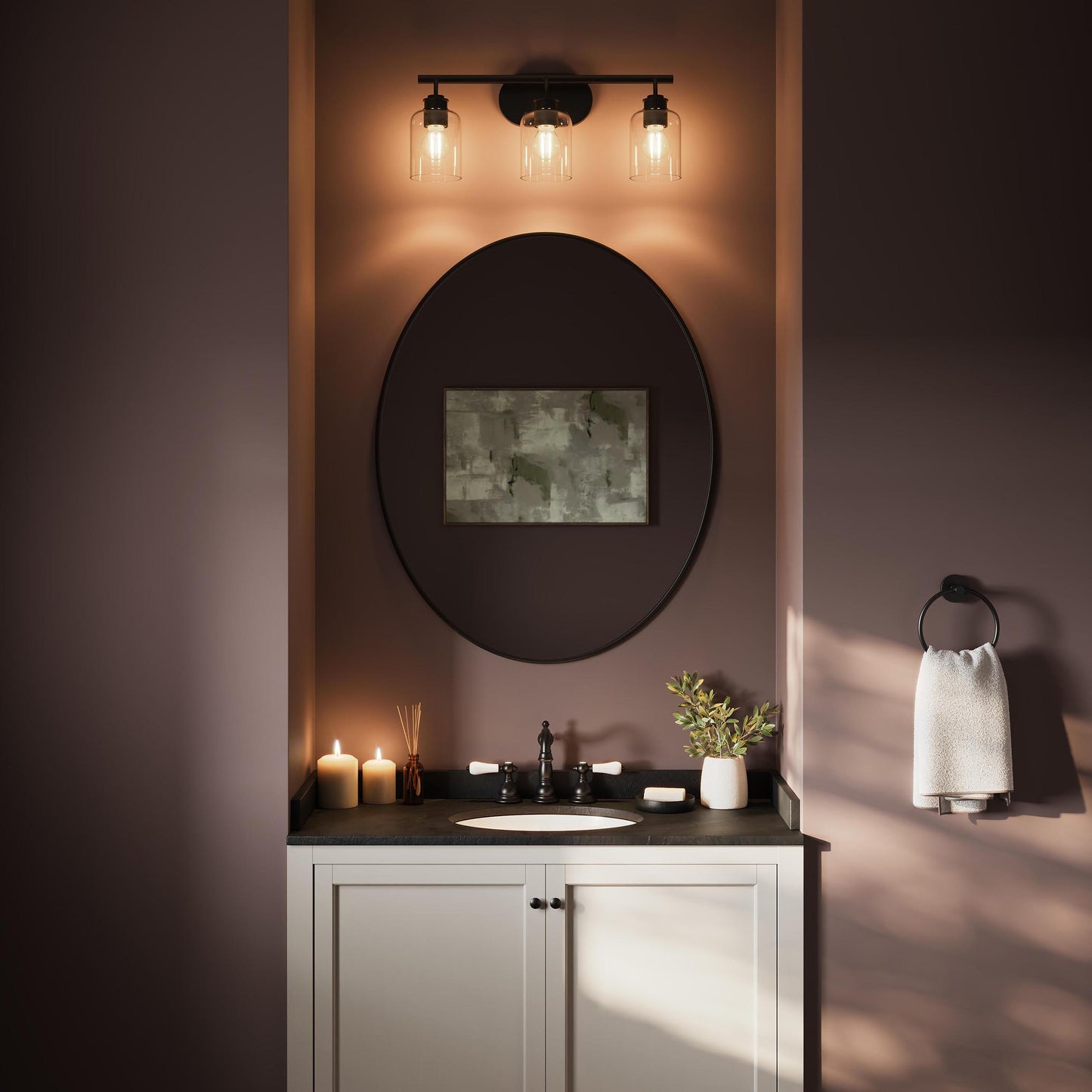 Progress Lighting P300567-31M Reines 3 Light Matte Black Bath Vanity Wall Light - Bathroom Lifestyle Day View