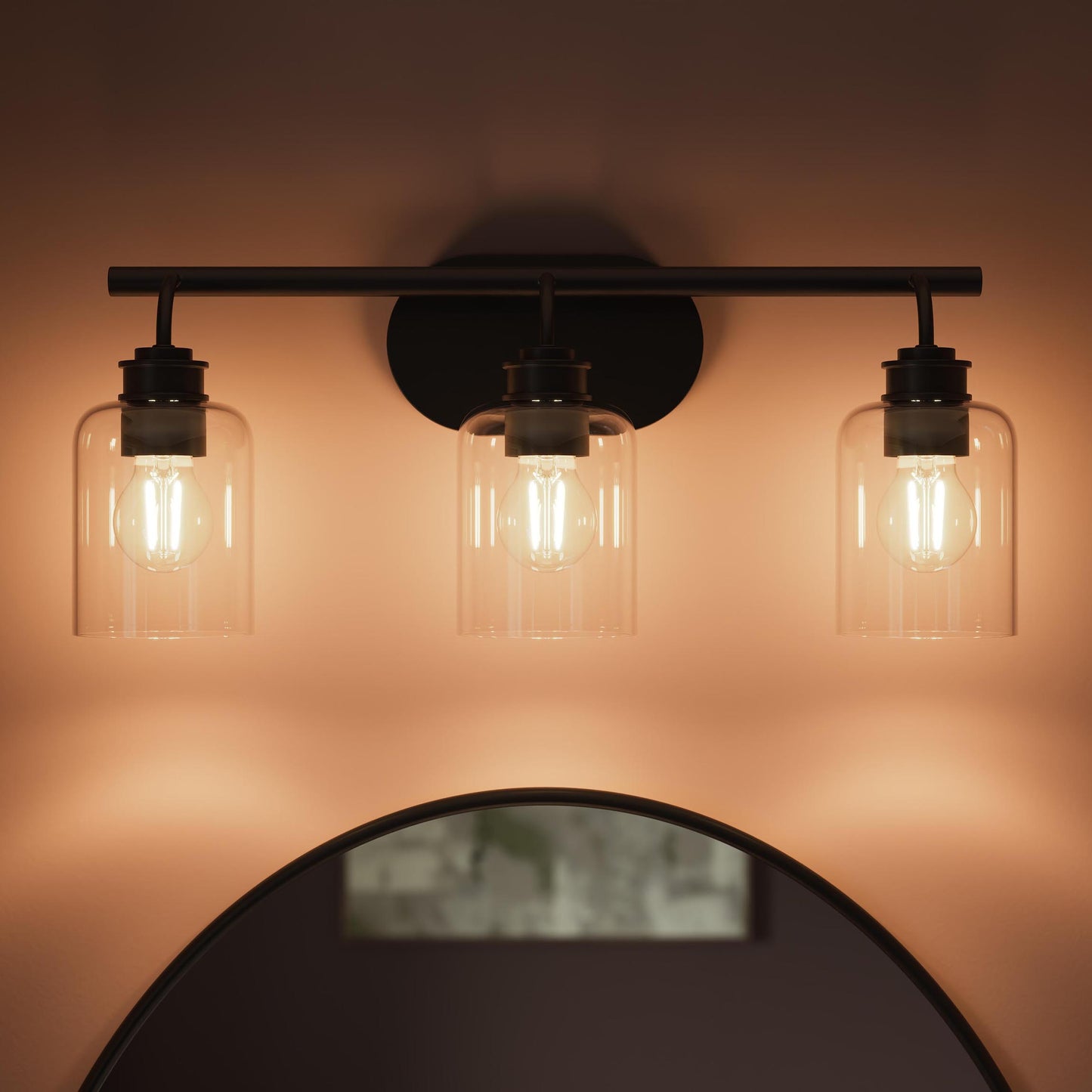 Progress Lighting P300567-31M Reines 3 Light Matte Black Bath Vanity Wall Light - Detail View Illuminated