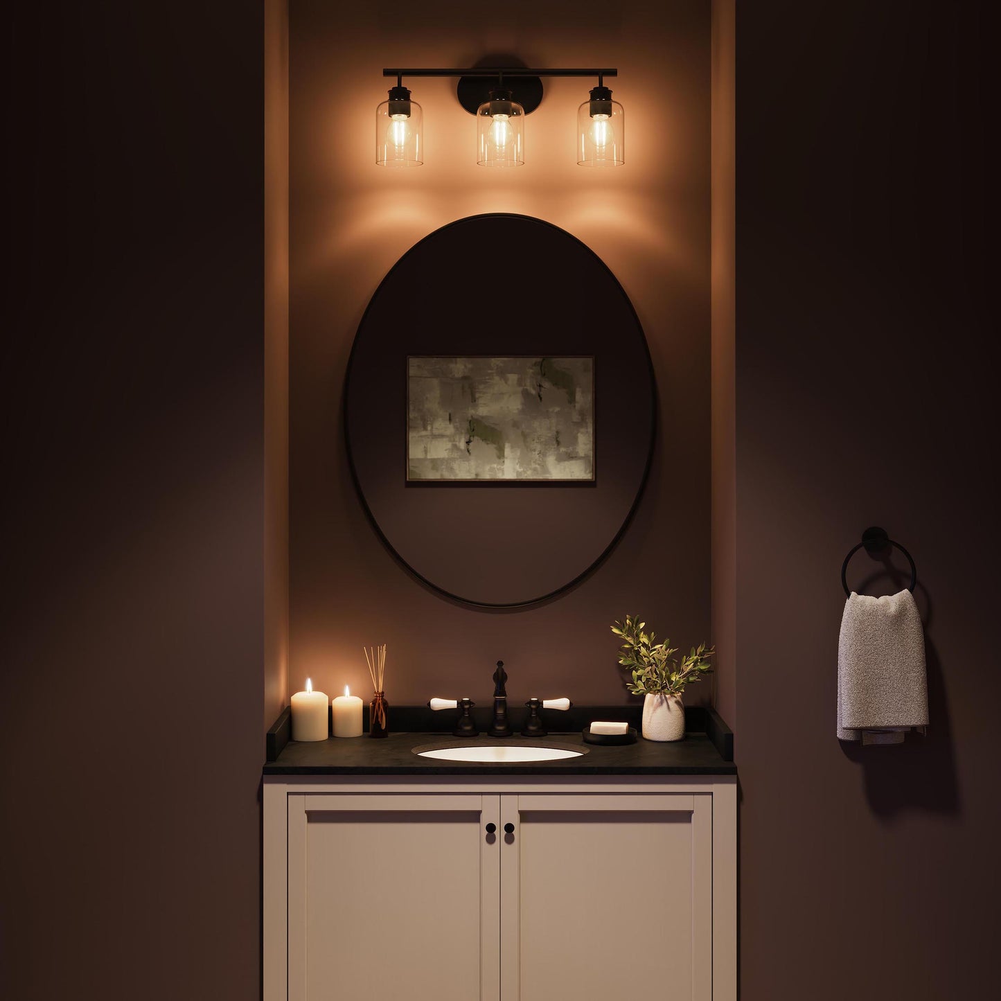 Progress Lighting P300567-31M Reines 3 Light Matte Black Bath Vanity Wall Light - Bathroom Lifestyle Night View