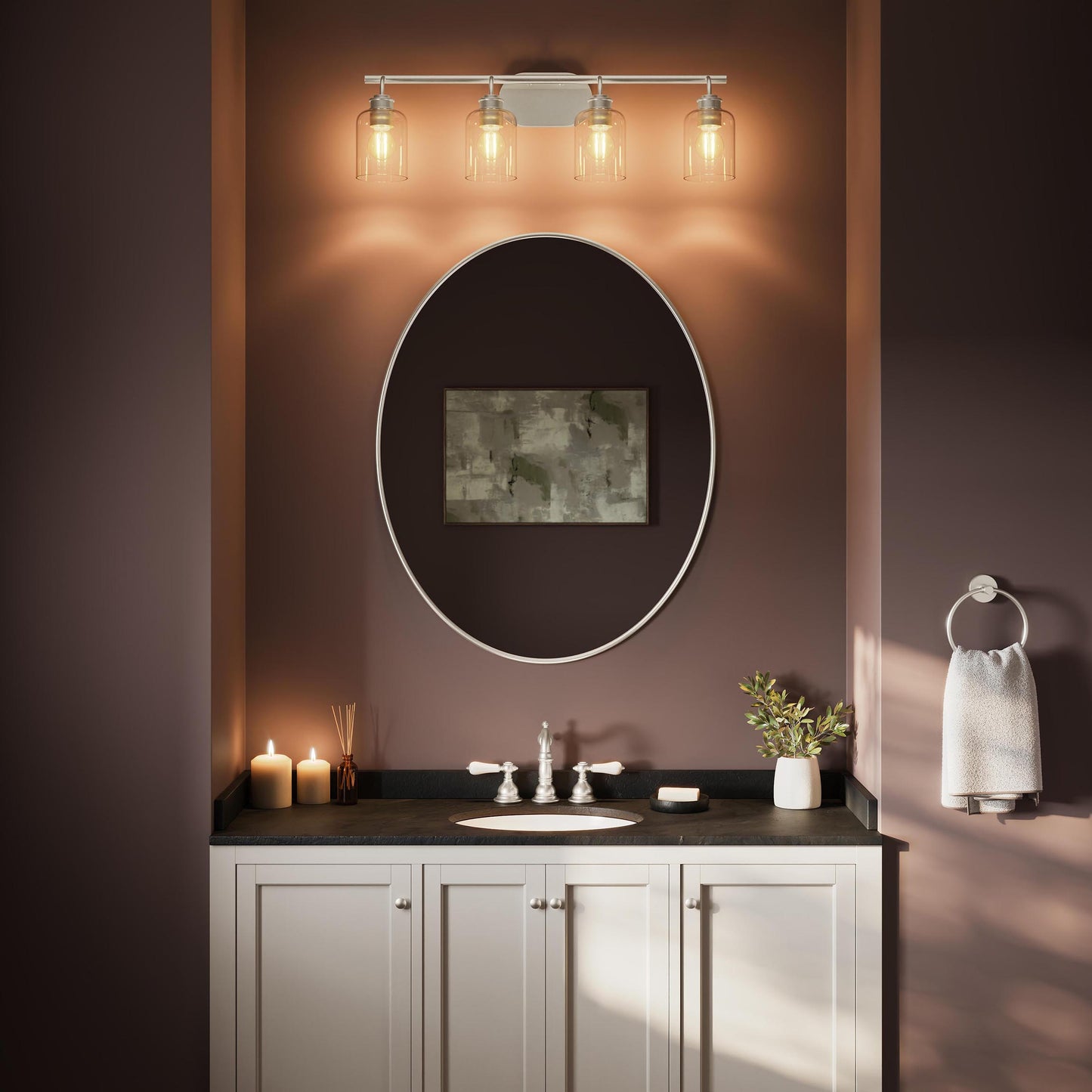 Progress Lighting P300568-009 Reines 4 Light Brushed Nickel Bath Vanity installed above bathroom mirror - daytime lifestyle shot