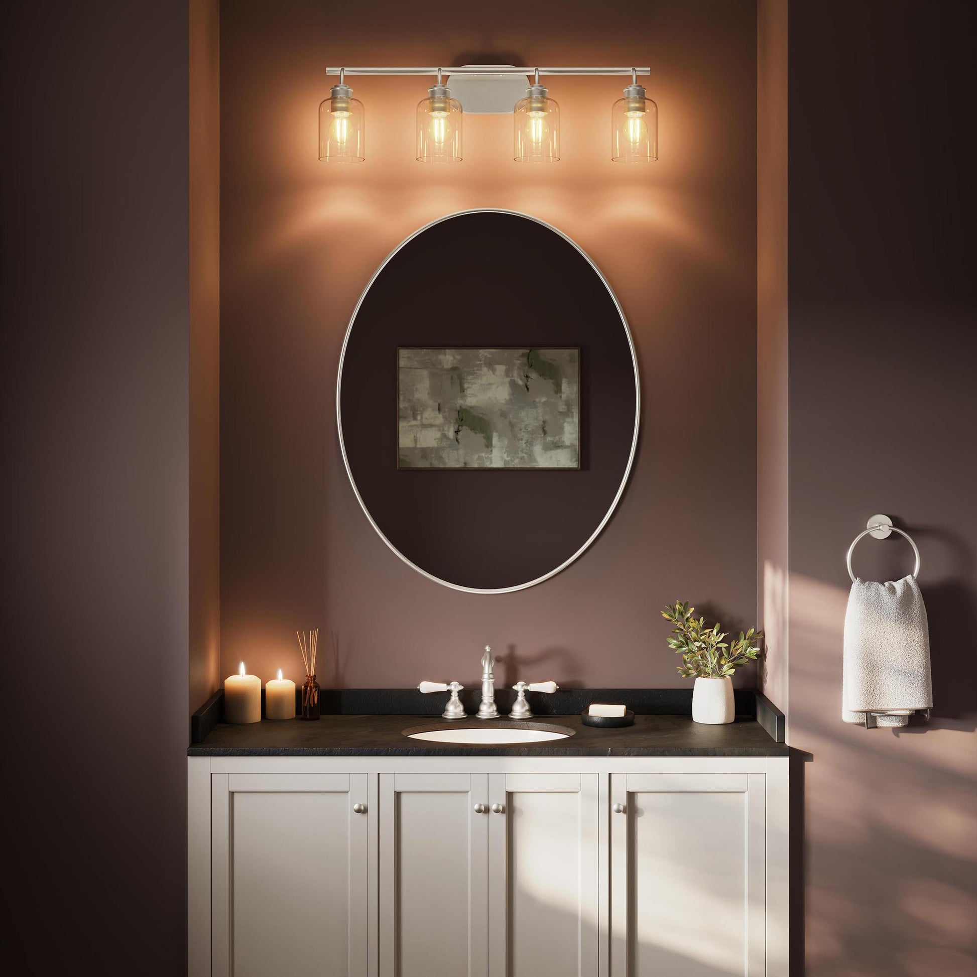 Progress Lighting P300568-009 Reines 4 Light Brushed Nickel Bath Vanity installed above bathroom mirror - daytime lifestyle shot