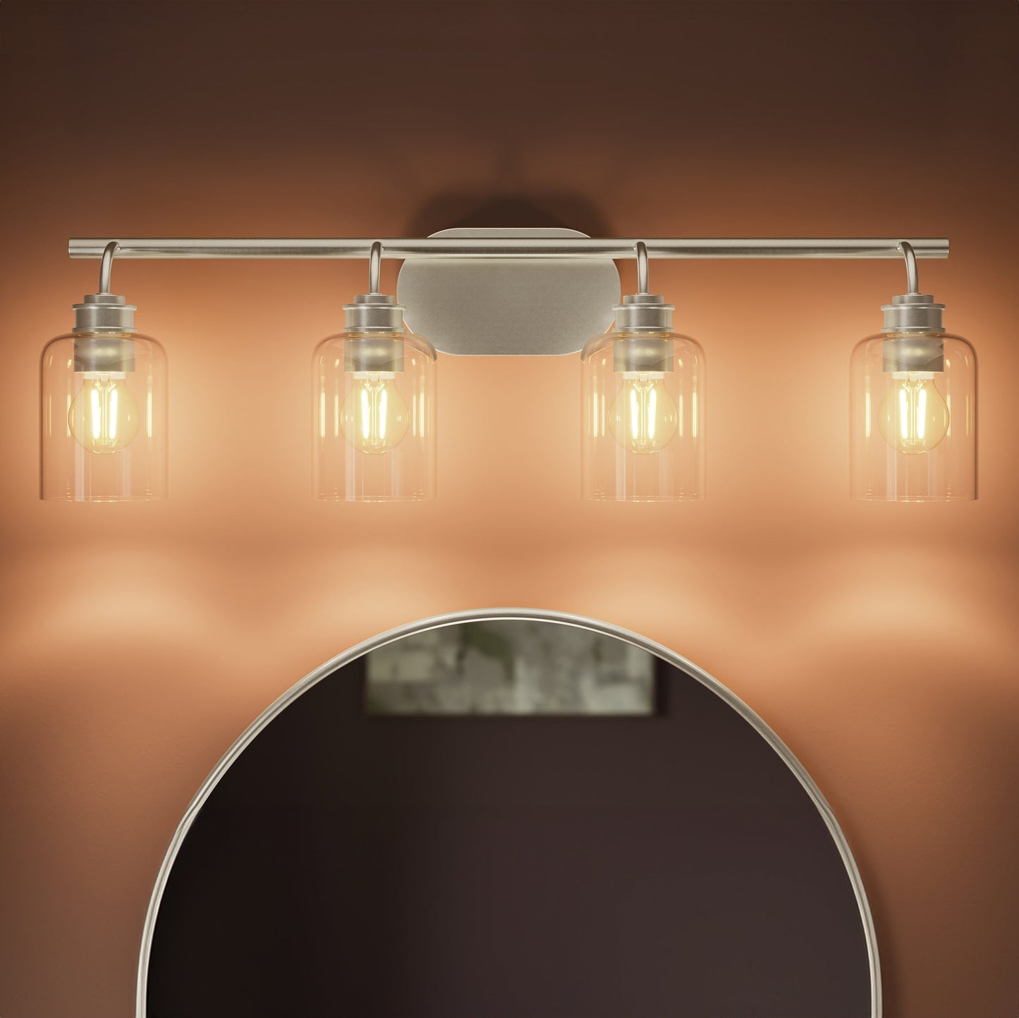 Progress Lighting P300568-009 Reines 4 Light Brushed Nickel Bath Vanity close-up detail above round mirror - lit