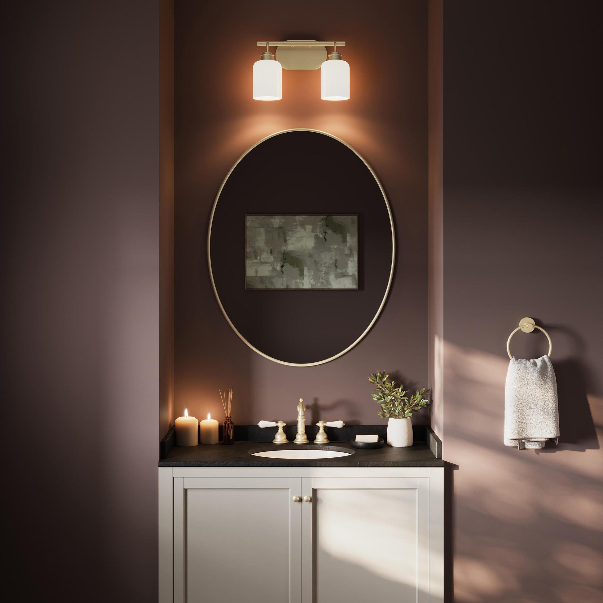 Progress Lighting P300578-191 Reines 2-Light Bath Vanity installed above mirror in bathroom - daytime lifestyle