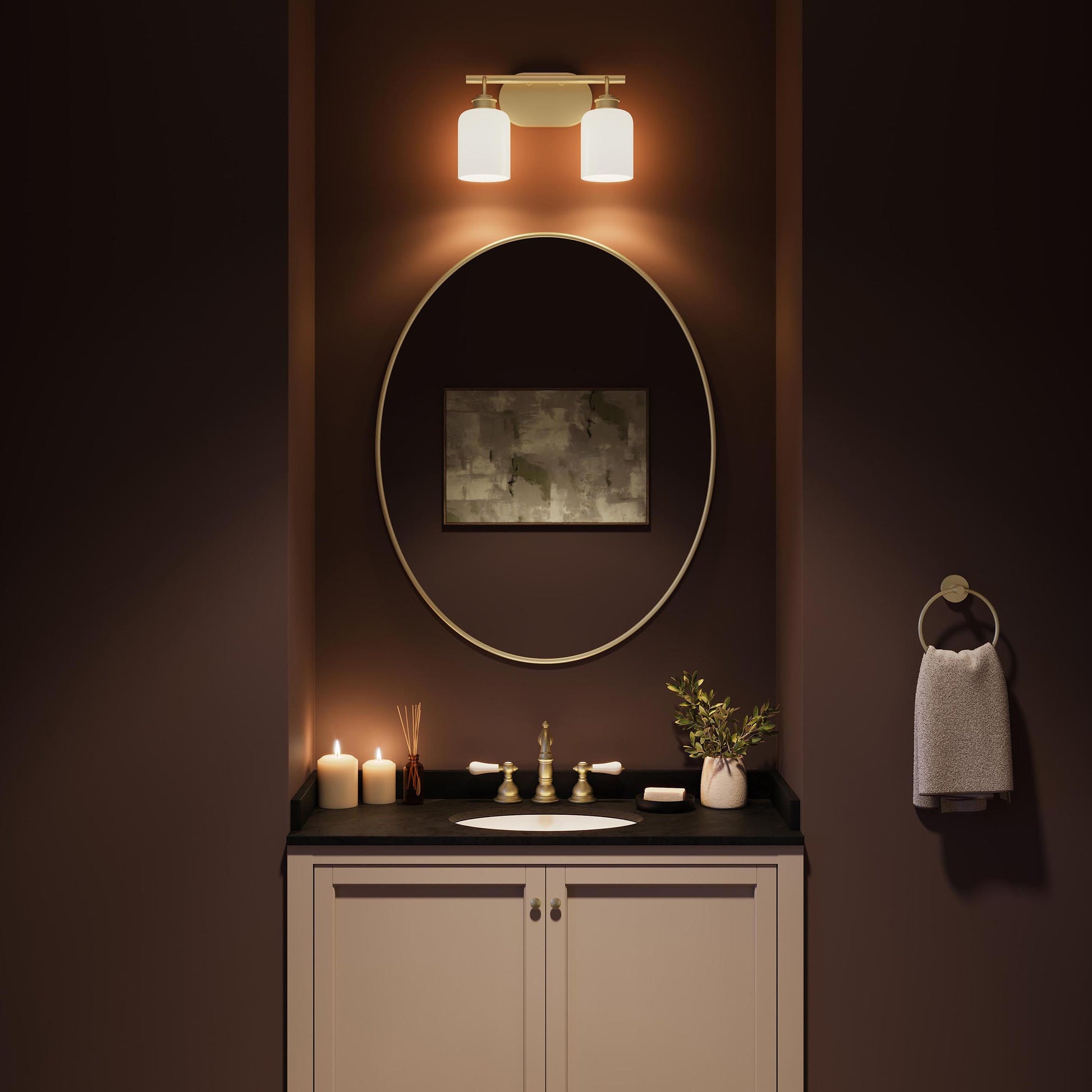 Progress Lighting P300578-191 Reines 2-Light Bath Vanity installed above mirror in bathroom - nighttime lifestyle
