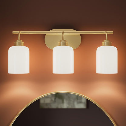Progress Lighting Reines P300579-191 Brushed Gold Bath Vanity close-up detail with opal glass shades