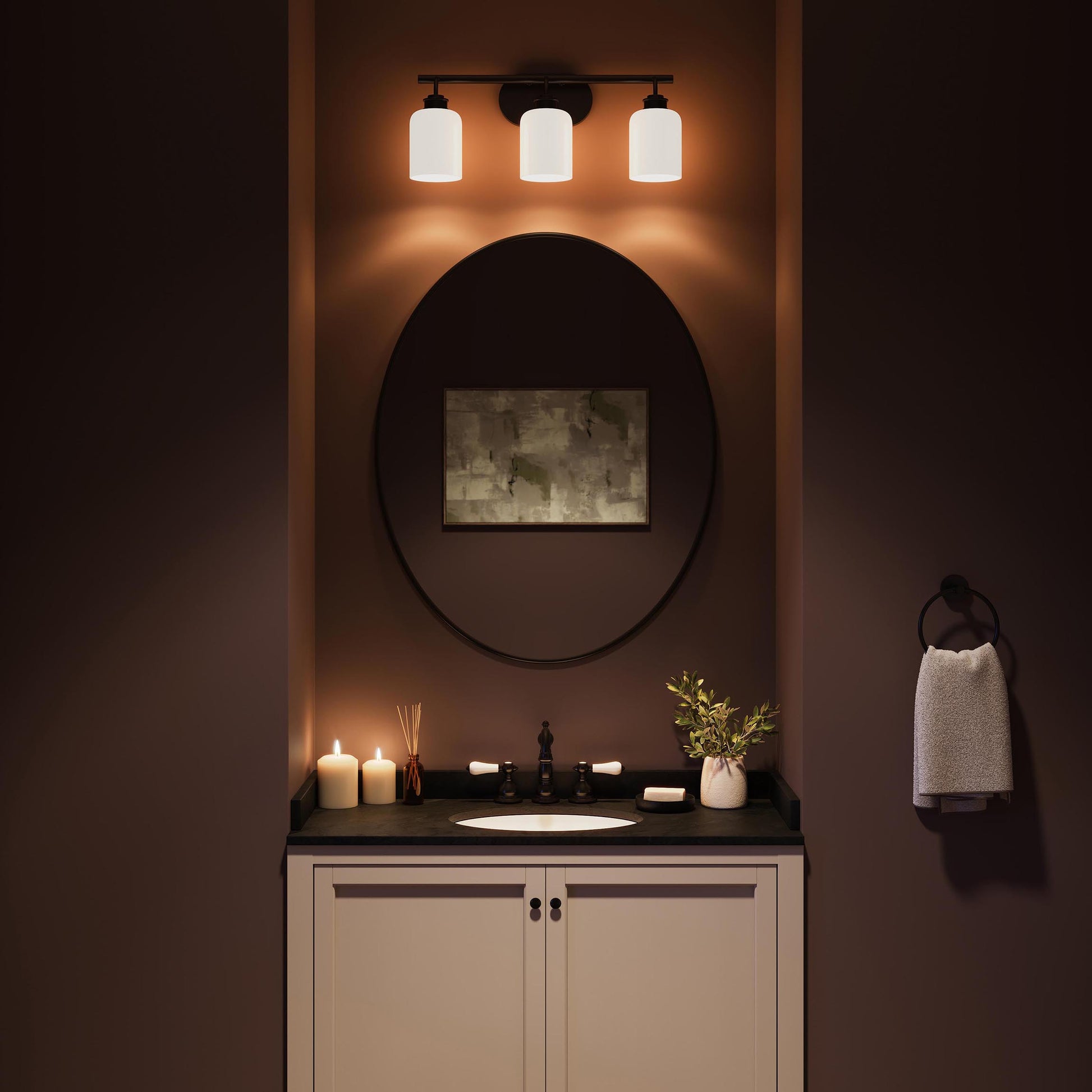 Progress Lighting Reines P300579-31M Matte Black 3-Light Bath Vanity - Nighttime Lifestyle