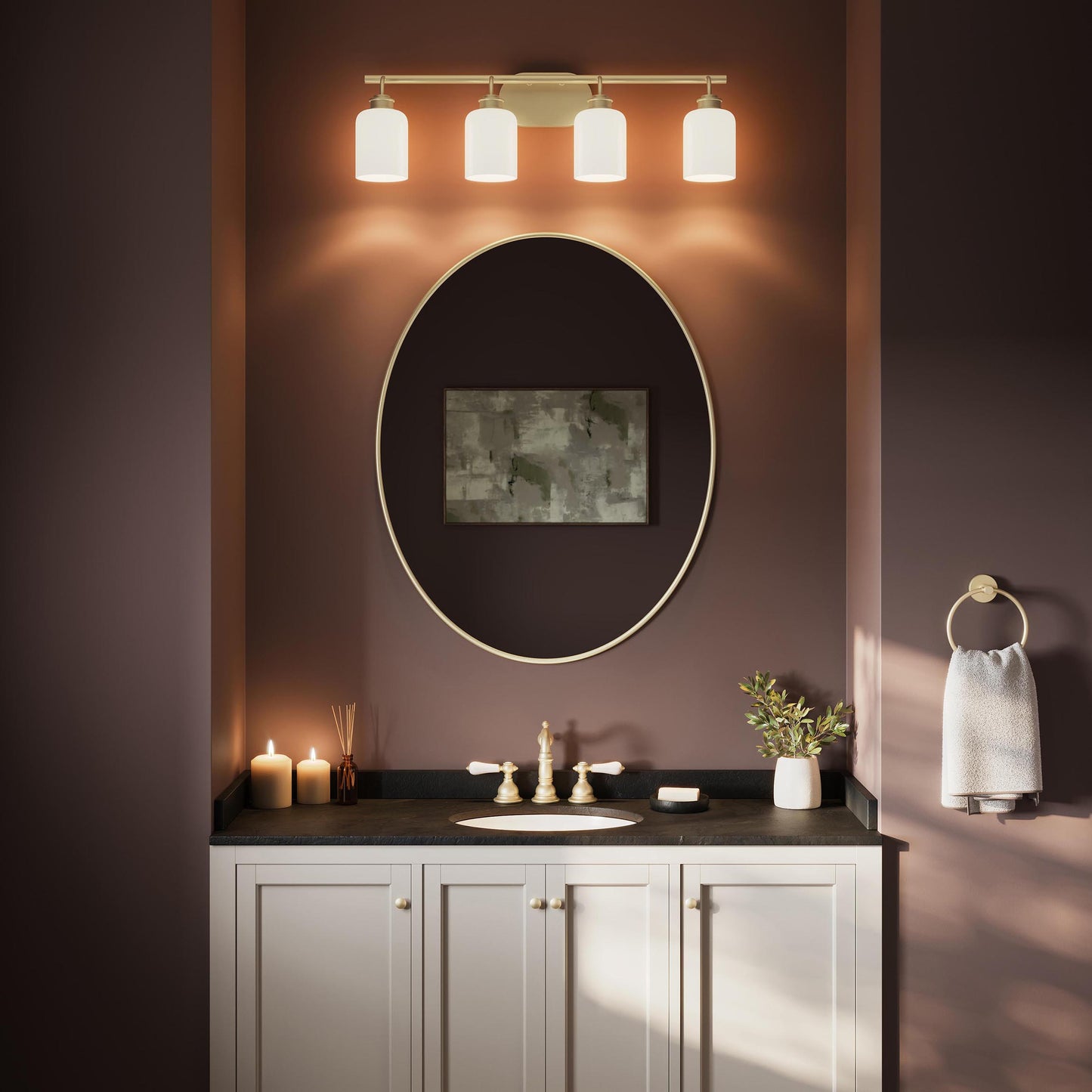 Progress Lighting Reines P300580-191 Brushed Gold Bath Vanity Light installed above bathroom mirror lifestyle shot