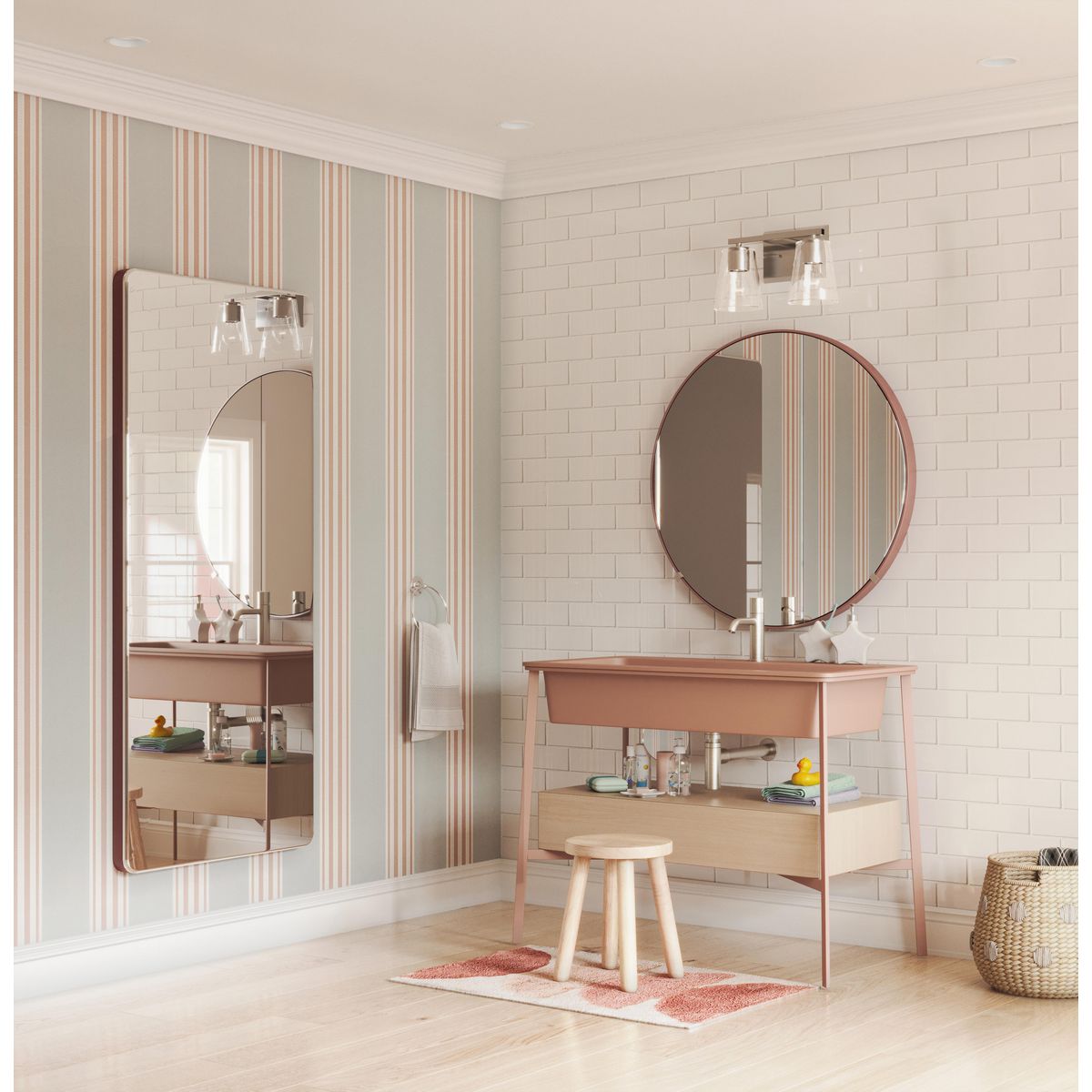 Progress Lighting P300458-009 Vertex 2 Light Brushed Nickel Bath Vanity Wall Light shown in a modern bathroom setting